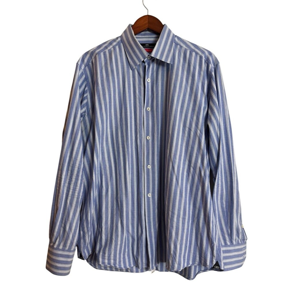 Vintage Balenciaga Blue White Striped Long Sleeve Dress Shirt  17 1/2/44 Cotton